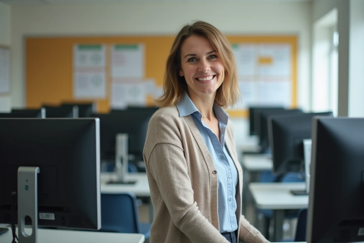 Femme au lycée se connectant au portail scolaire