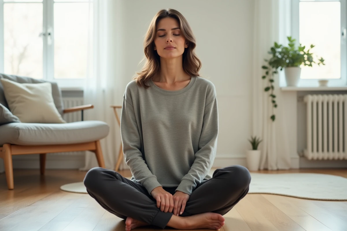 Femme pratiquant la pleine conscience pour explorer ses canaux sensoriels visuels auditifs et kinesthésiques selon la méthode VAKOG