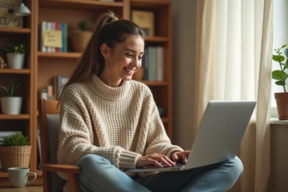 Jeune femme motivée suivant un cours en ligne sur son ordinateur portable dans un bureau à domicile chaleureux et organisé