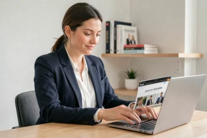 Femme professionnelle consultant un abonnement magazine business en ligne sur son ordinateur portable dans un bureau moderne