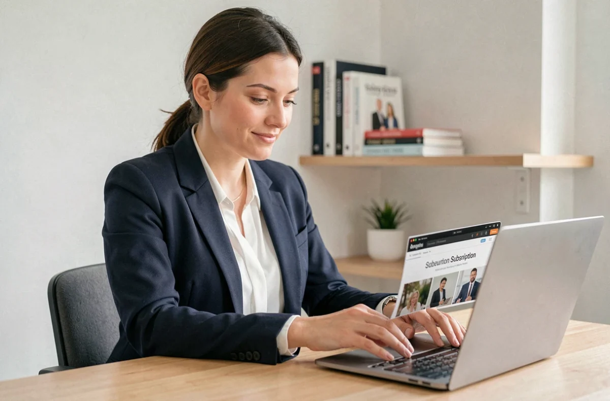 Femme professionnelle consultant un abonnement magazine business en ligne sur son ordinateur portable dans un bureau moderne