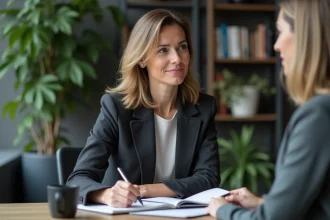 Femme en blazer au bureau avec un carnet et stylo