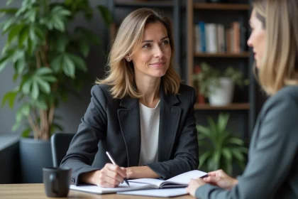 Femme en blazer au bureau avec un carnet et stylo