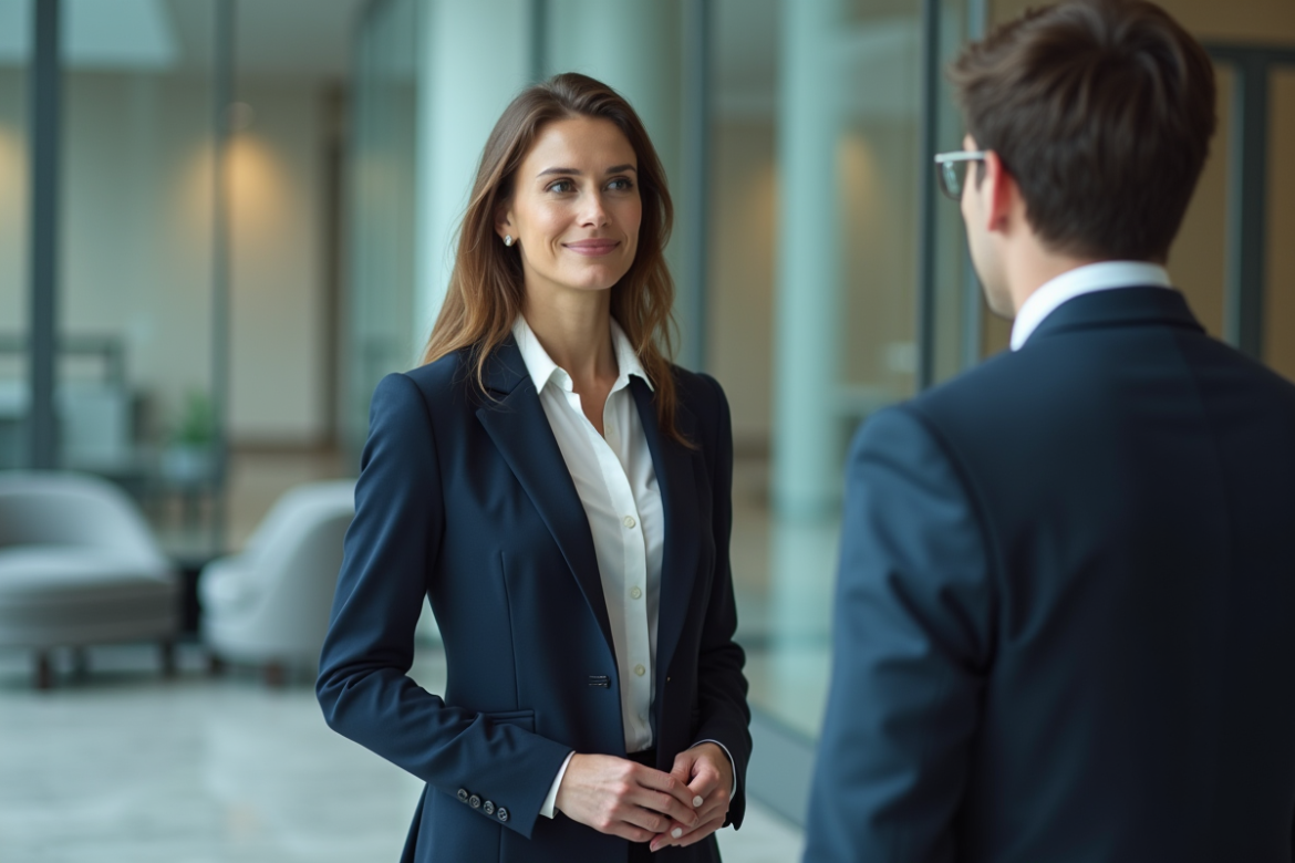 Femme en blazer navy parlant à un cadre dans un lobby moderne