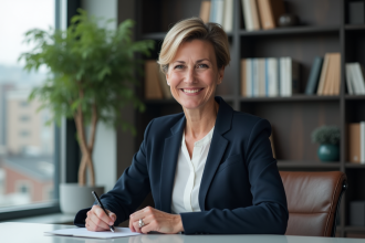 Femme confiante en bureau moderne avec livres et plantes