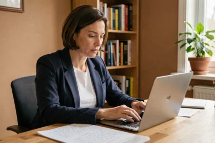 Femme adulte en reconversion professionnelle suivant une formation courte en ligne depuis son bureau à domicile