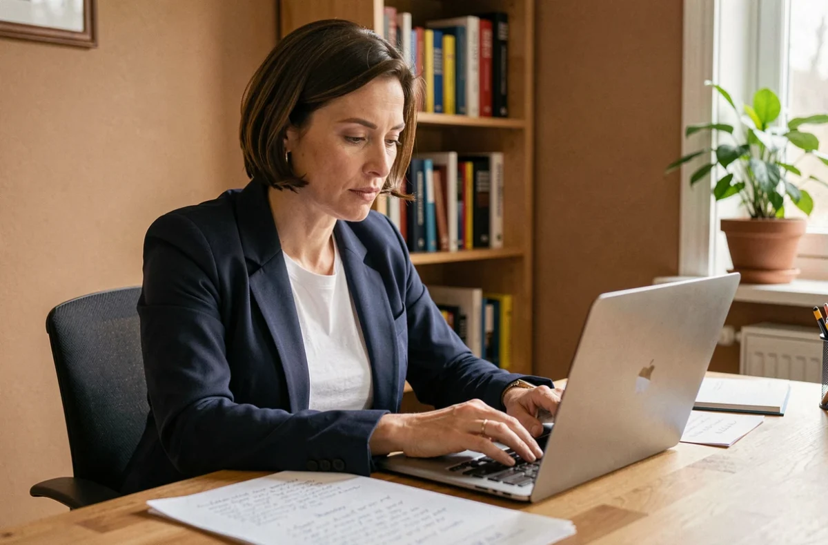 Femme adulte en reconversion professionnelle suivant une formation courte en ligne depuis son bureau à domicile