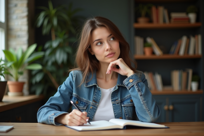 Femme pensant dans un bureau cosy et lumineux