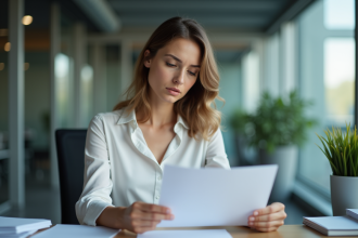 Femme en bureau relisant une lettre de demission