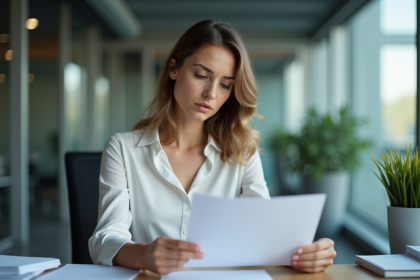 Femme en bureau relisant une lettre de demission
