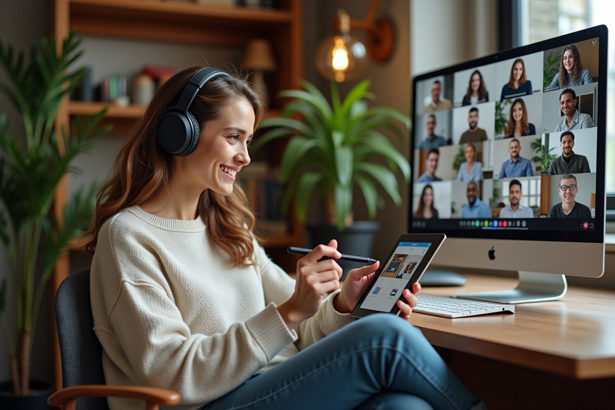 Jeune femme en visioconference dans son bureau cosy