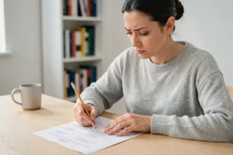 Femme concentrée en train de remplir un test de QI imprimé à son bureau à domicile