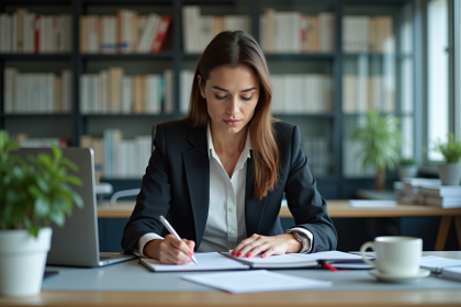 Femme en bureau professionnel lisant un manuel de formation