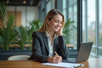 Femme en coworking moderne travaillant et souriant