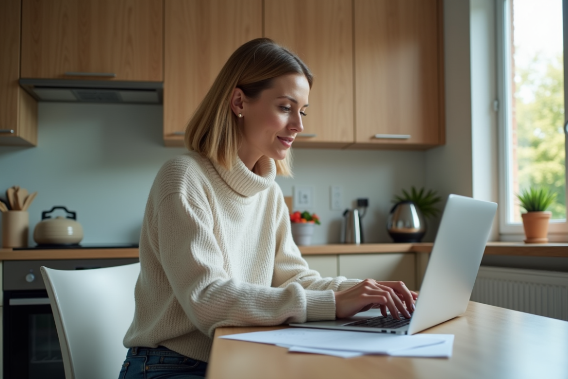 Femme assise à la maison travaillant sur son ordinateur
