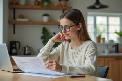 Jeune femme en travail à domicile avec ordinateur et papiers