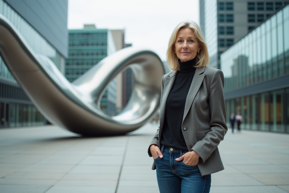 Femme confiante devant une installation artistique urbaine