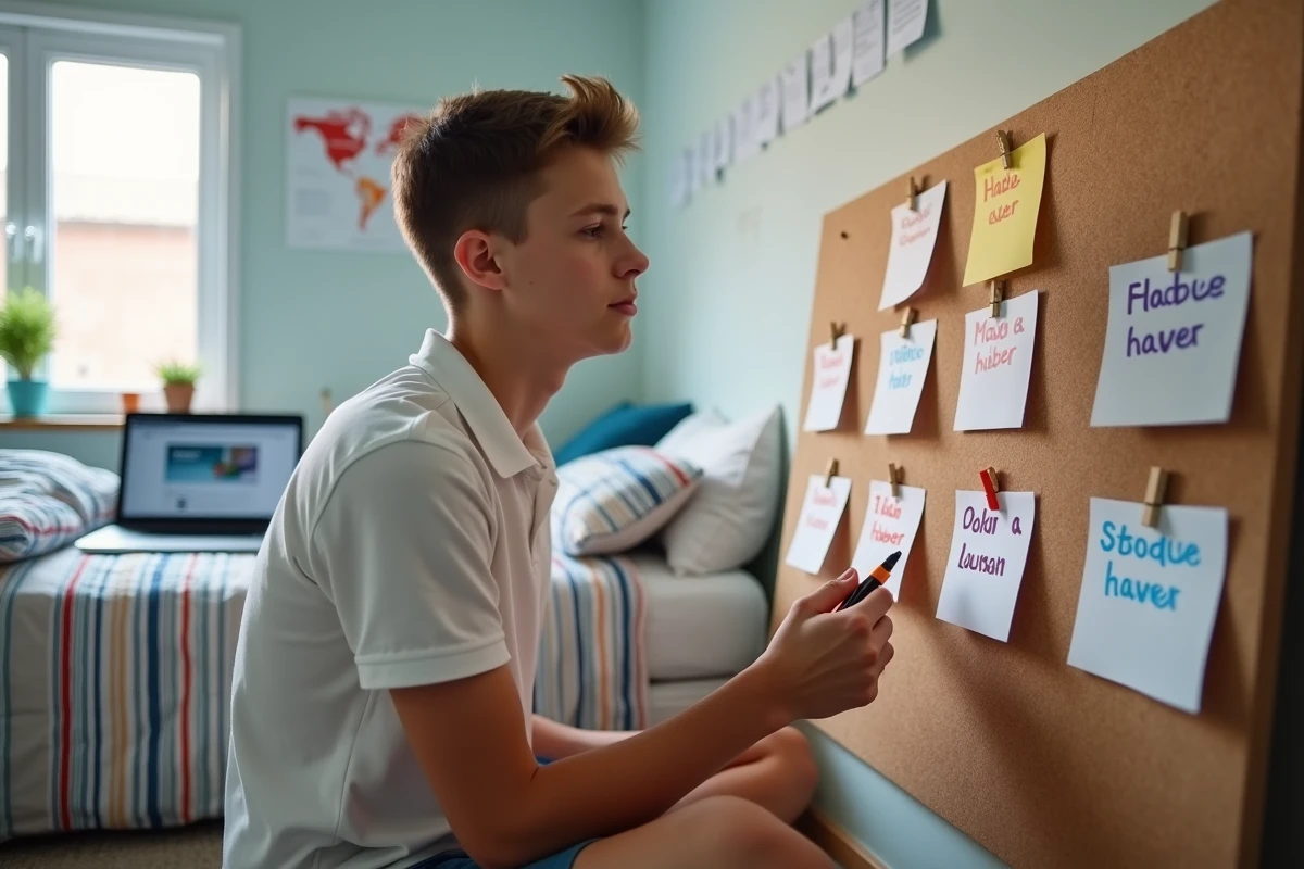 Adolescent organisant des fiches mémo colorées sur les verbes avoir en espagnol dans sa chambre
