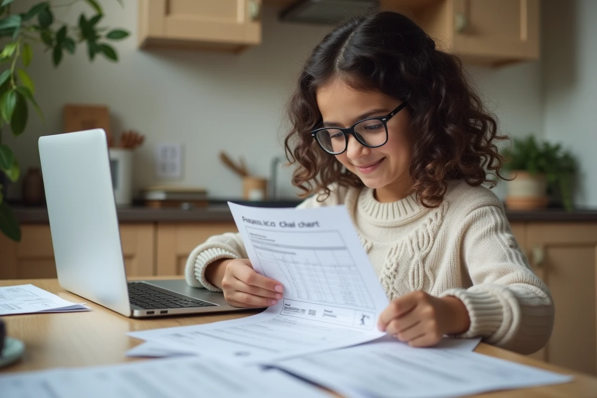 Fille française révisant un tableau de coefficients du bac chez elle
