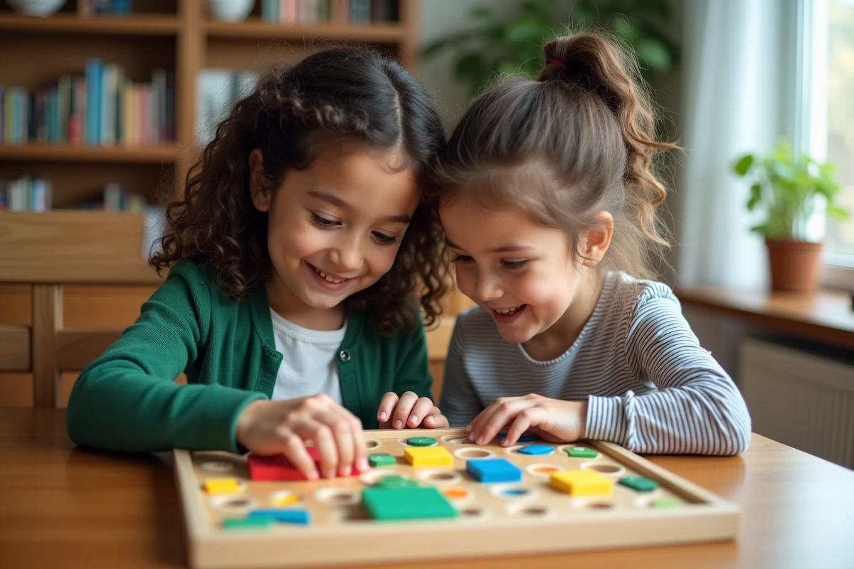 Deux filles utilisant un tableau de multiplication Montessori à la maison