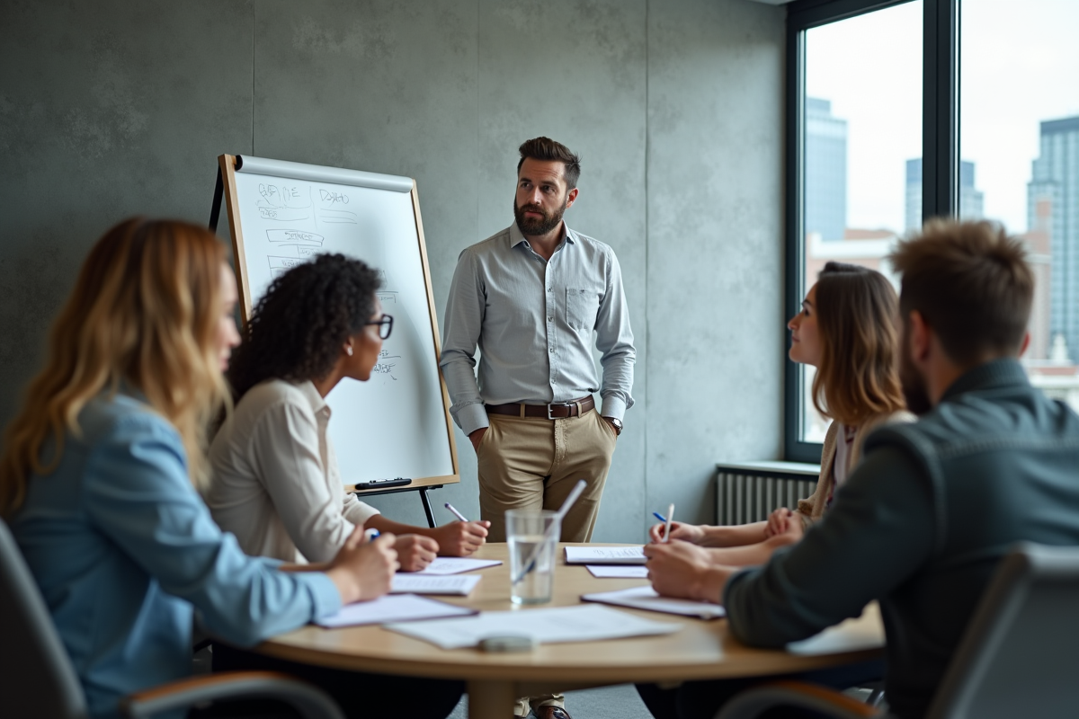 Formateur en formation avec groupe de jeunes adultes en entreprise