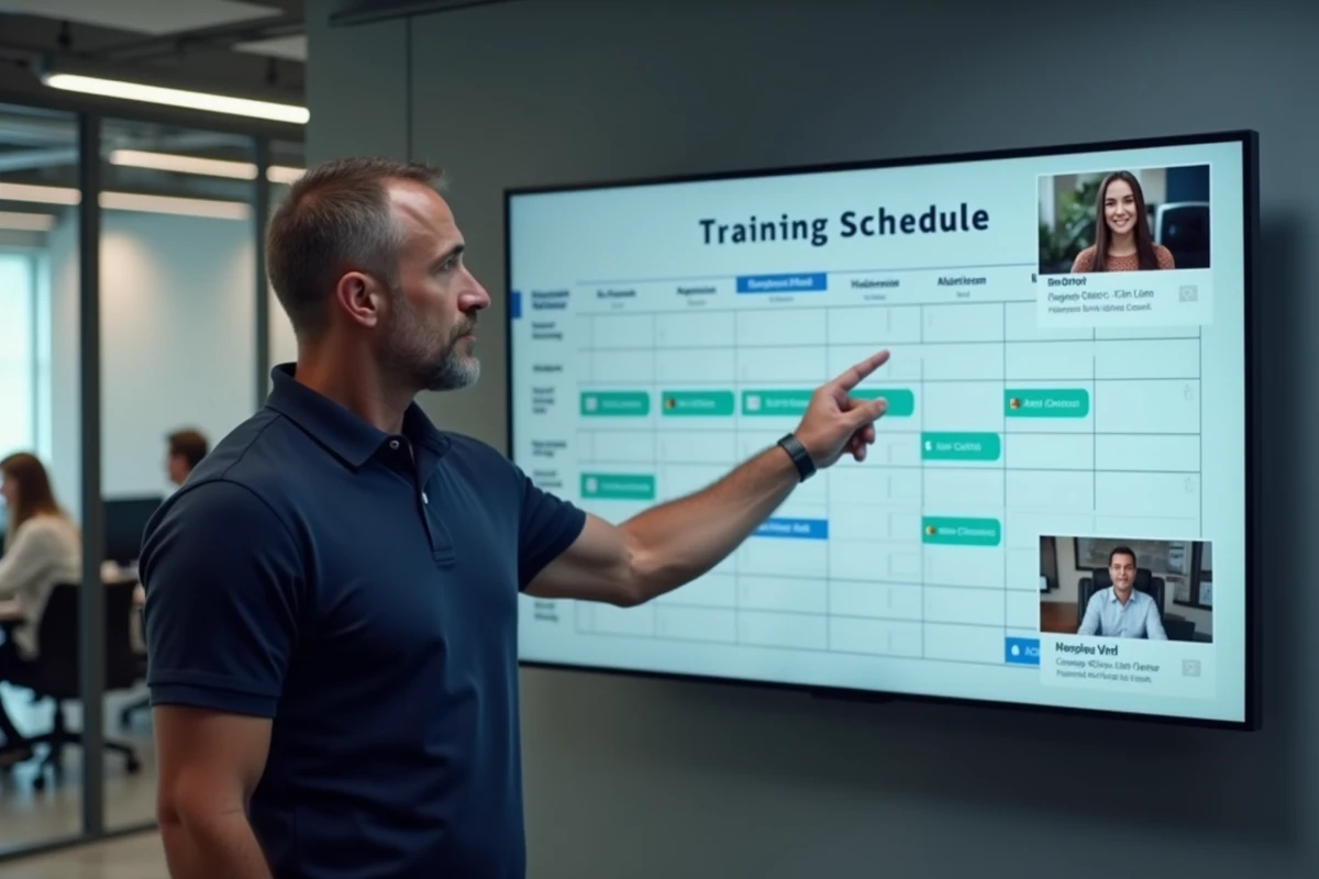 Formateur masculin présentant un planning de sessions de formation en ligne sur un grand écran de bureau en open space
