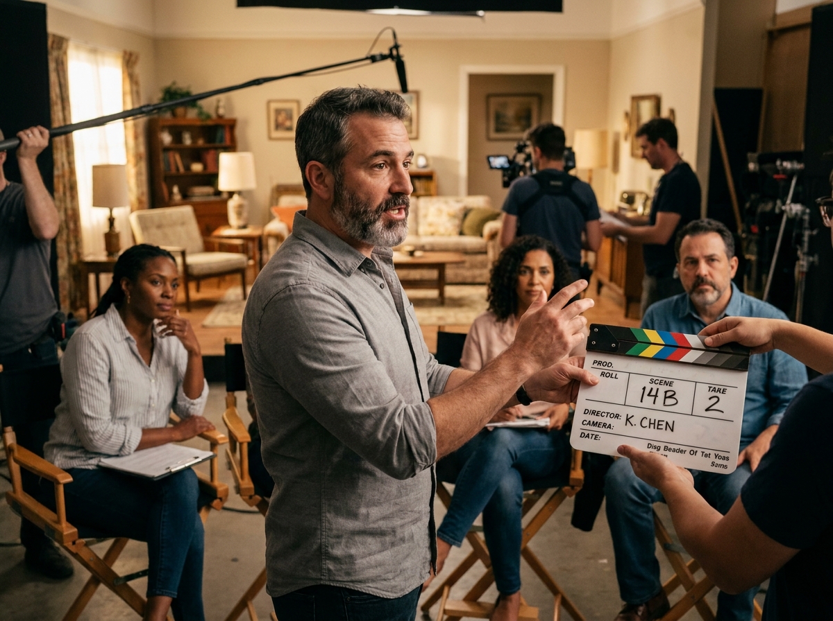 Formateur professionnel du cinéma enseignant sur un plateau de tournage dans une école audiovisuelle spécialisée