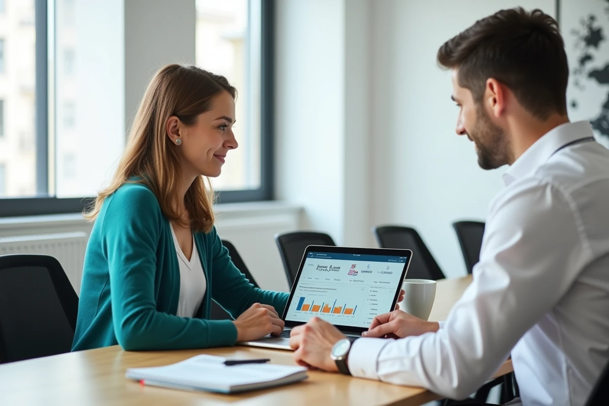 Deux formateurs collaborant sur l'organisation de sessions de formation en ligne sur une plateforme de gestion de cours partagée