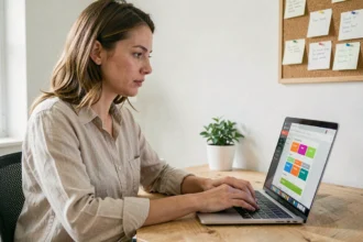 Femme entrepreneureure utilisant un outil de design graphique gratuit sur ordinateur portable dans un bureau à domicile pour lancer son activité