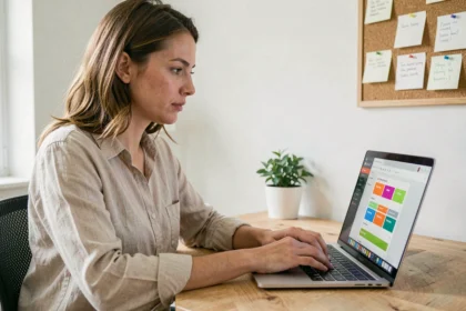 Femme entrepreneureure utilisant un outil de design graphique gratuit sur ordinateur portable dans un bureau à domicile pour lancer son activité