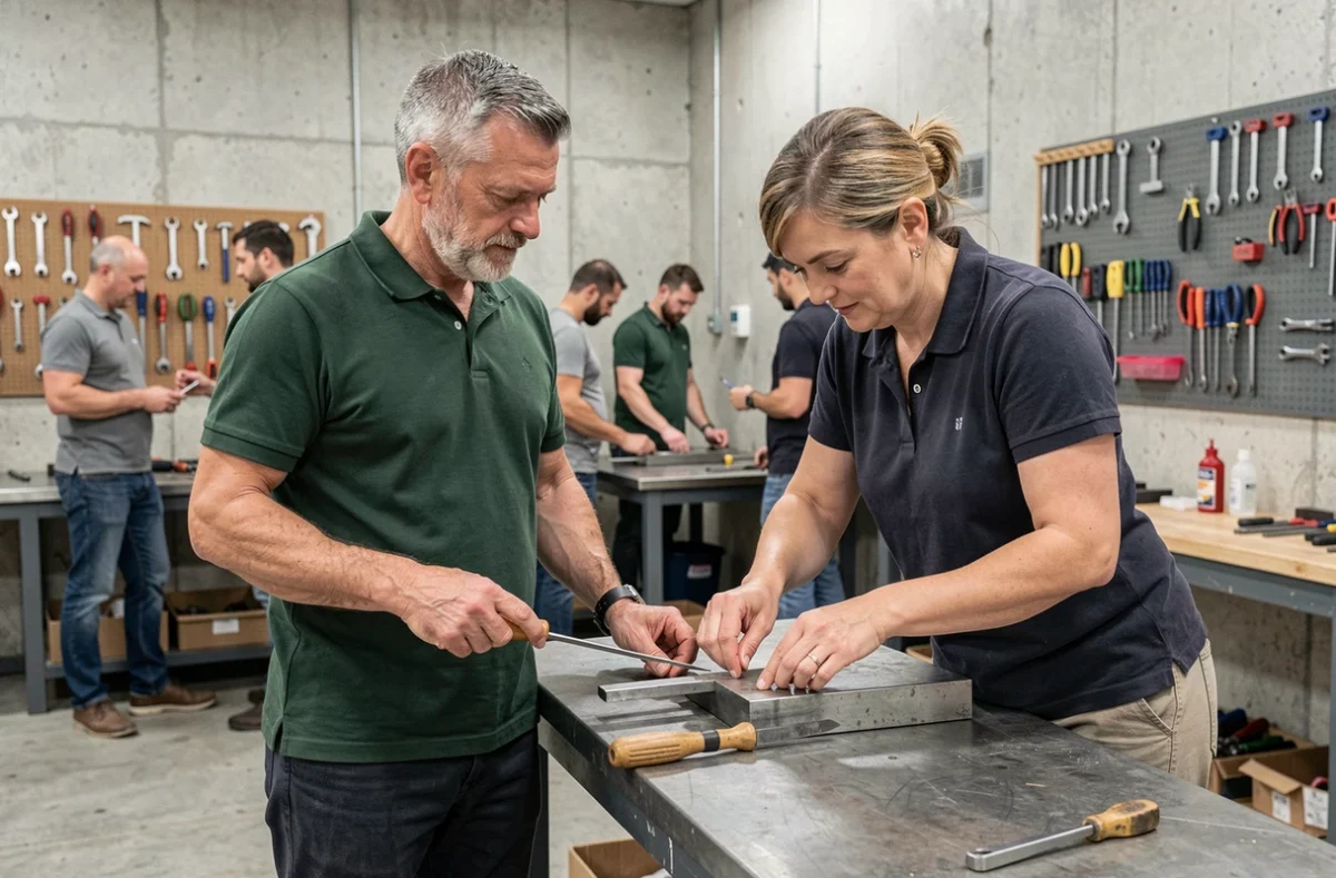 Adulte en formation professionnelle courte apprenant un métier technique dans un centre de formation avec un instructeur