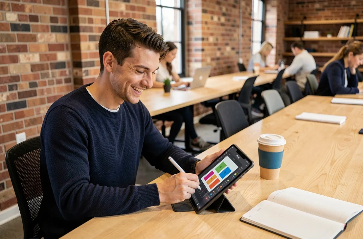 Jeune entrepreneur créant des visuels professionnels gratuitement avec un outil design en ligne dans un espace de co-working moderne