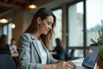 Femme en formation digitale travaillant sur un ordinateur portable dans un espace de coworking parisien moderne