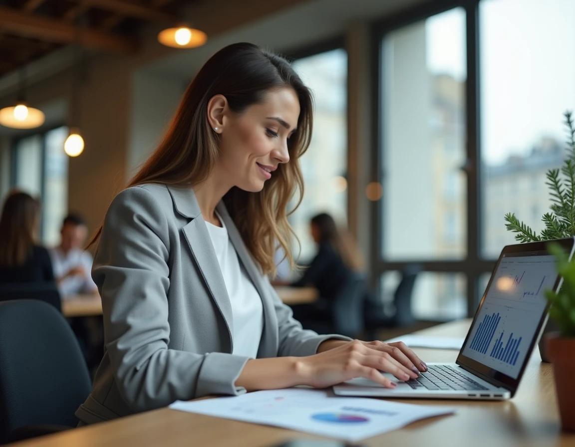 Femme en formation digitale travaillant sur un ordinateur portable dans un espace de coworking parisien moderne