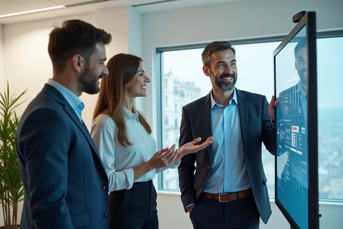 Groupe de professionnels en formation numérique interactive dans une salle de cours à Paris