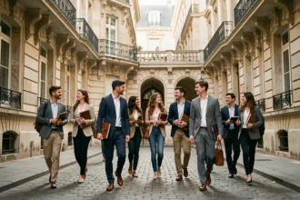 Groupe d'étudiants en alternance marchant dans une cour haussmannienne parisienne, cartables et portfolios en main