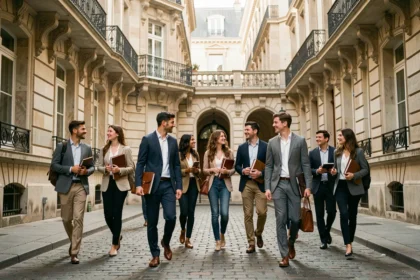 Groupe d'étudiants en alternance marchant dans une cour haussmannienne parisienne, cartables et portfolios en main