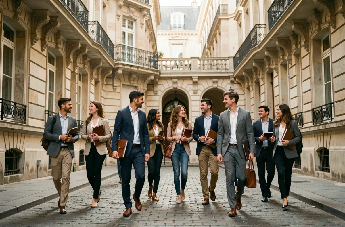 Groupe d'étudiants en alternance marchant dans une cour haussmannienne parisienne, cartables et portfolios en main