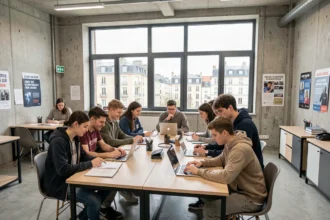 Groupe de jeunes apprentis en formation en alternance dans un centre de formation moderne en Seine-Saint-Denis