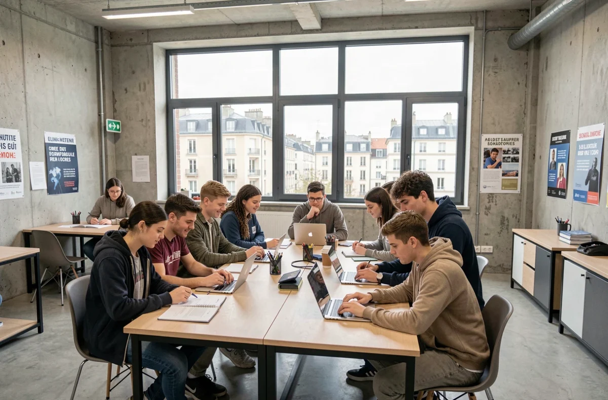Groupe de jeunes apprentis en formation en alternance dans un centre de formation moderne en Seine-Saint-Denis