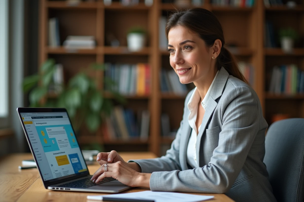 Formatrice professionnelle organisant des sessions de formation en ligne sur une plateforme numérique depuis son bureau à domicile