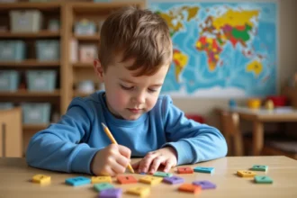 Garçon de 8 ans avec tuiles Montessori en classe lumineuse