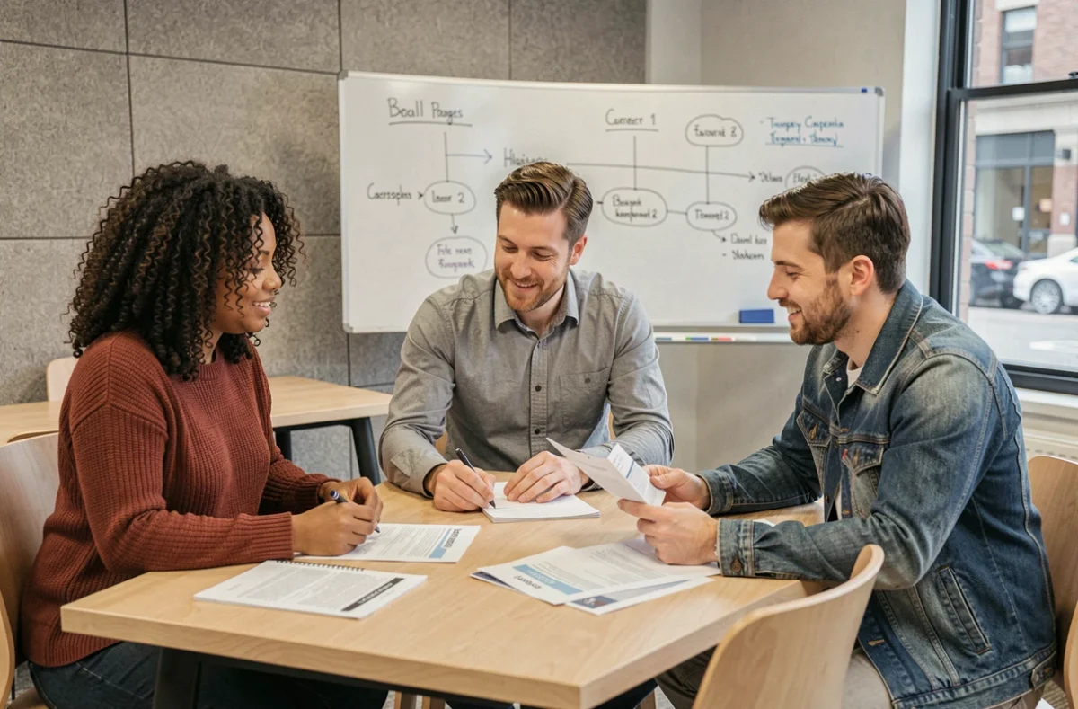 Groupe d'adultes en reconversion participant à une formation courte collective dans un espace de co-apprentissage moderne