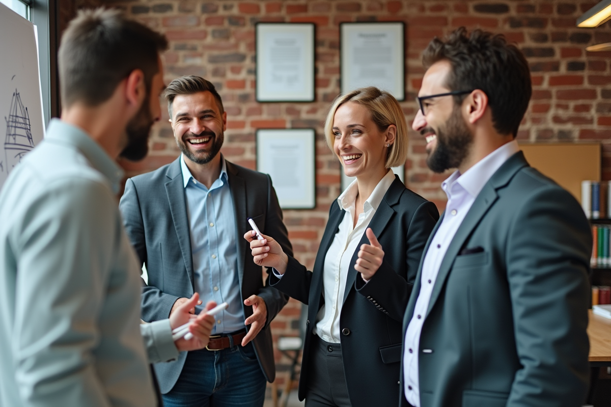 Groupe de professionnels en brainstorming dans un bureau moderne