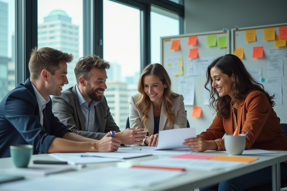 Groupe de collègues en brainstorming dans une salle moderne