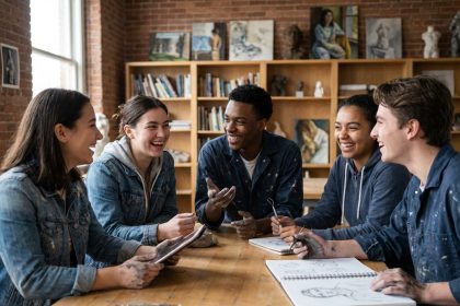 Groupe d'étudiants créant ensemble dans un atelier d'art