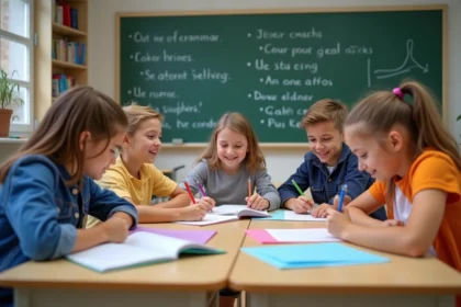Groupe d'élèves de collège en discussion en classe de français
