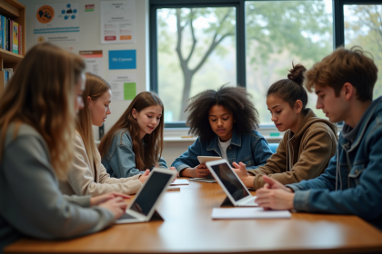 Groupe d'élèves au lycée utilisant des tablettes en classe