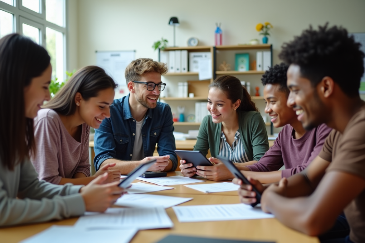 Groupe de jeunes collaborant autour d'un bureau en classe lumineuse