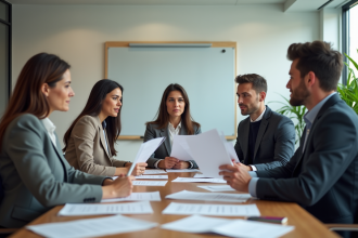 Groupe de professionnels en réunion dans une salle lumineuse